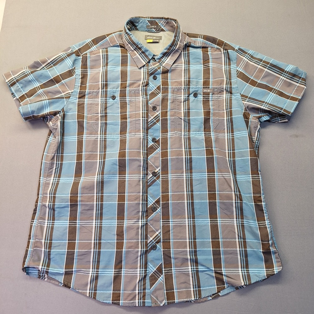 Eddie Bauer Mens XL Blue Brown Plaid Short Sleeve Button Down Hiking Shirt 0863